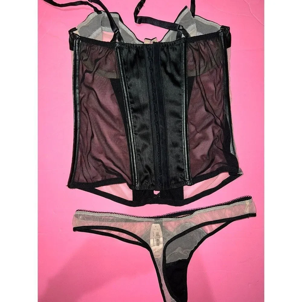 Victoria's Secret unlined 34B BRA SET+CORSET+GARTER panty NUDE Beige Black satin